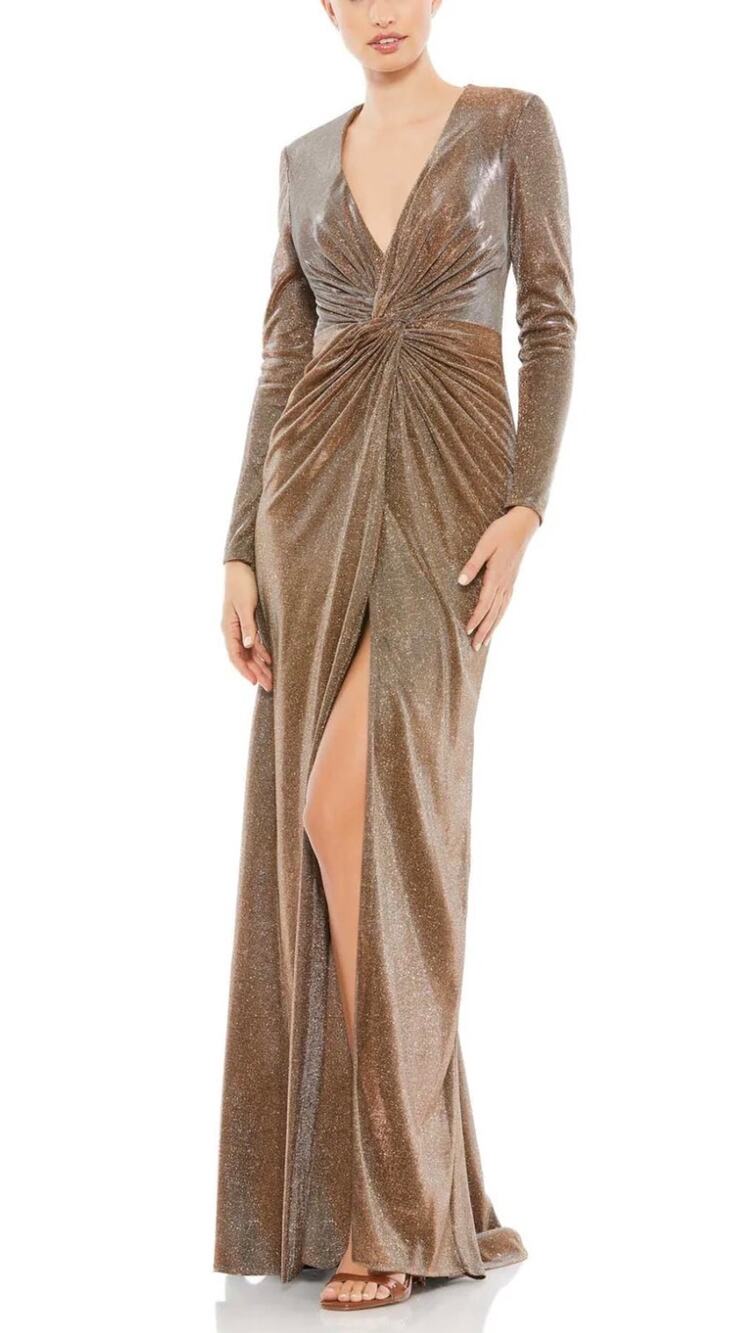 Mac Duggal 261941 Bronzed Gold Evening Gown Metallic Long Sleeve Dress Size 12